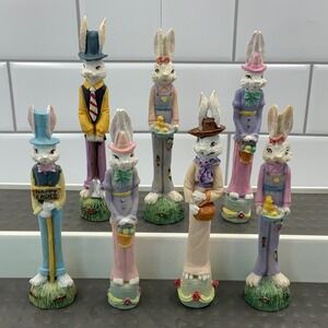 Easter Bunny Figurine Set 7 Piece Resin Tall Slender Spring Decor Pastel Rabbits